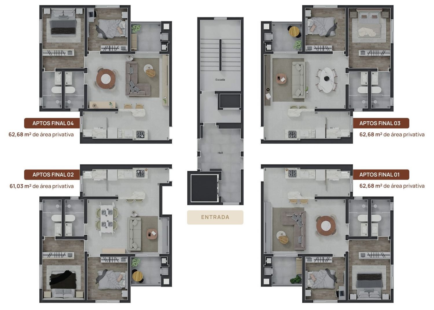 Planta do pavimento tipo com os finais 01, 02, 03 e 04